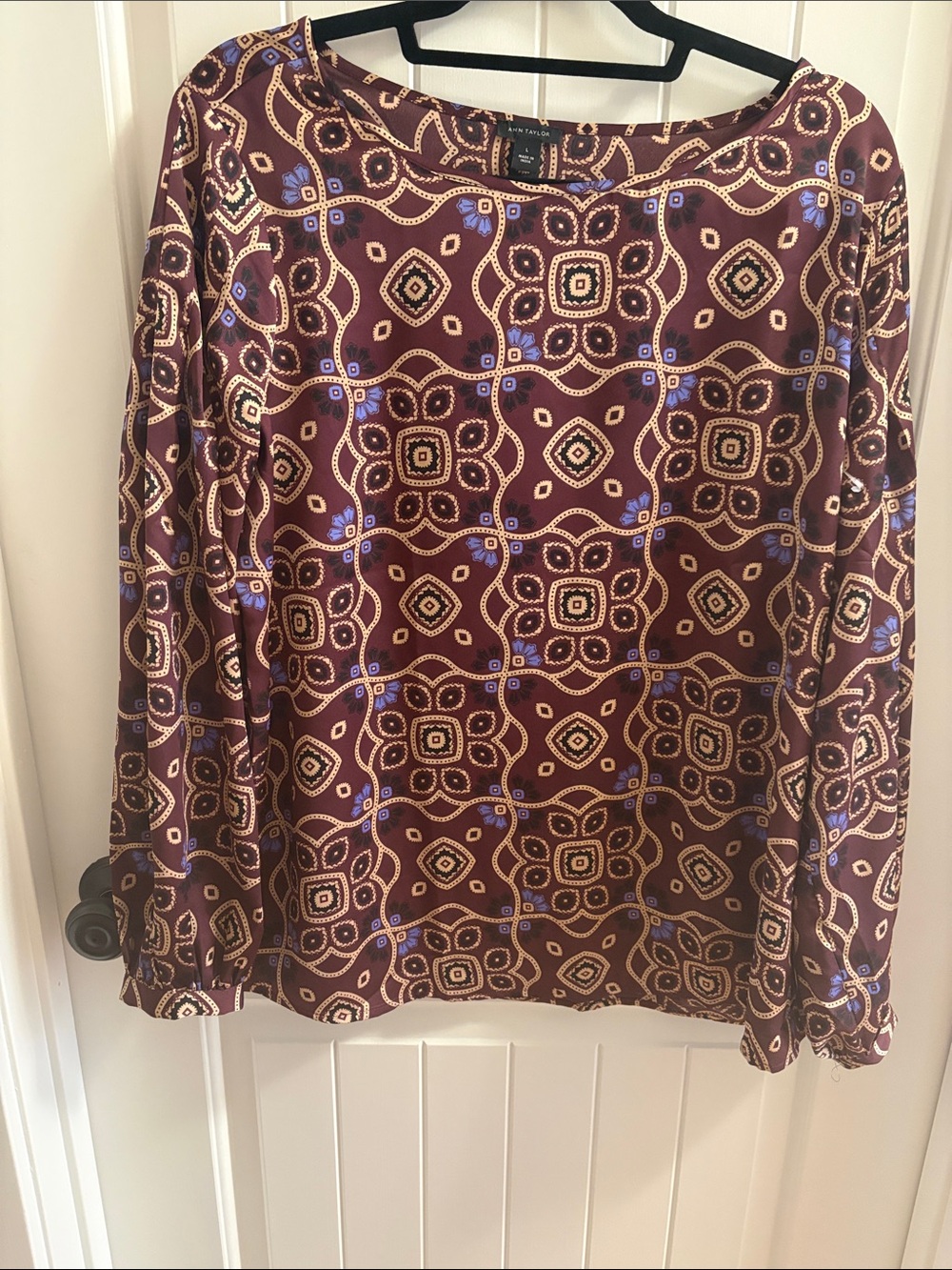 Ann Taylor Silky Geometric Print Blouse in Deep Burgundy and Lavender